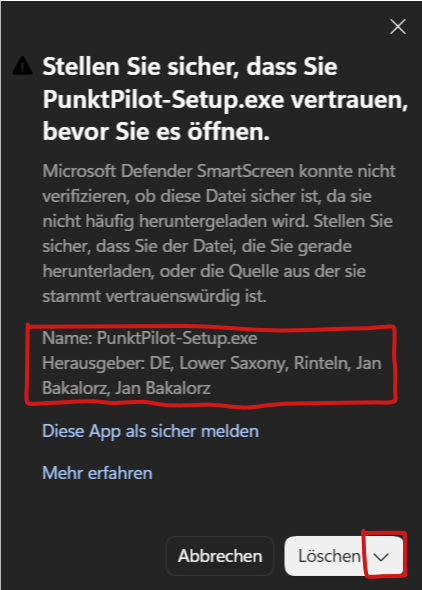 Edge SmartScreen: Herausgeber prüfen und Menü neben Löschen