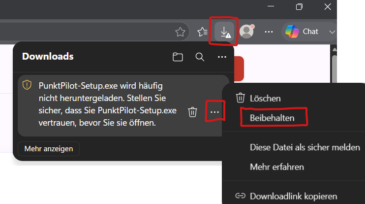 Edge Warnung: Download-Symbol, drei Punkte und Beibehalten markiert